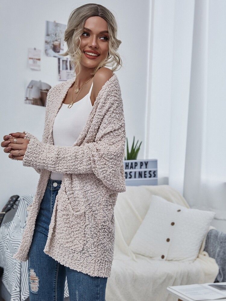 Open Front Popcorn Knit Cardigan | SHEIN