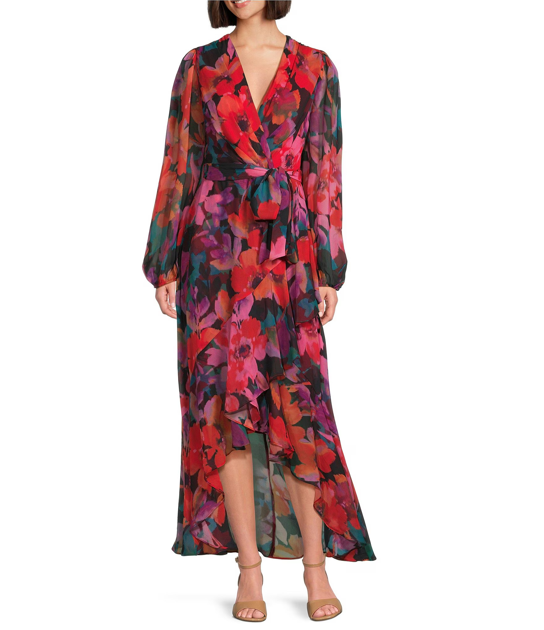 Diana Chiffon Floral Print V-Neck Long Blouson Sleeve Tie Waist Hi-Low Flounce Wrap Maxi Dress | Dillard's