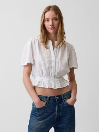 Cotton Gauze Button-Front Crop Peplum Top | Gap (US)