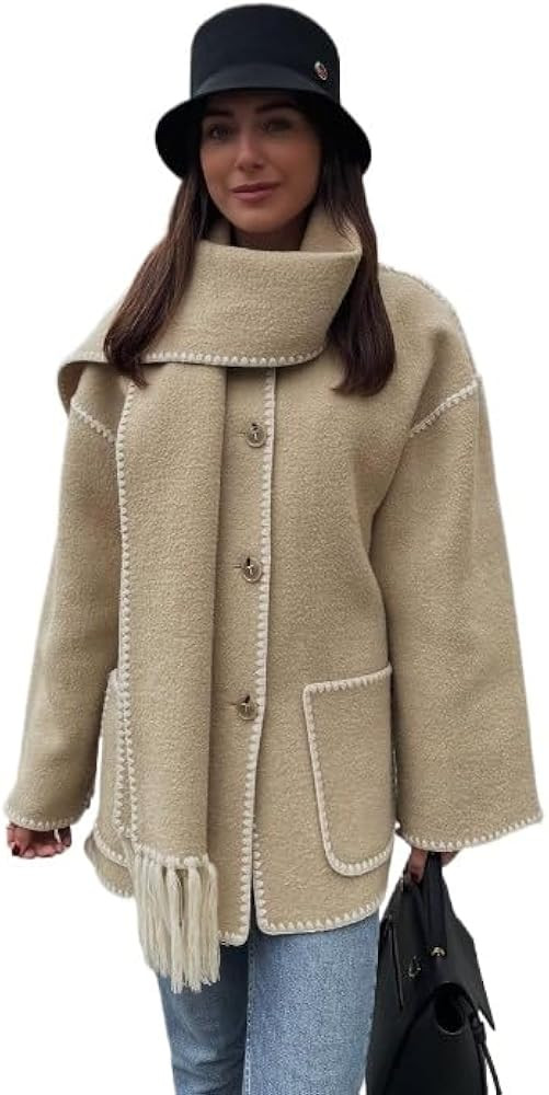 Autumn and Winter Women's Wide Sleeved Cardigan Jacket, Scarf Decoration Button Cardigan, Woolen ... | Amazon (US)