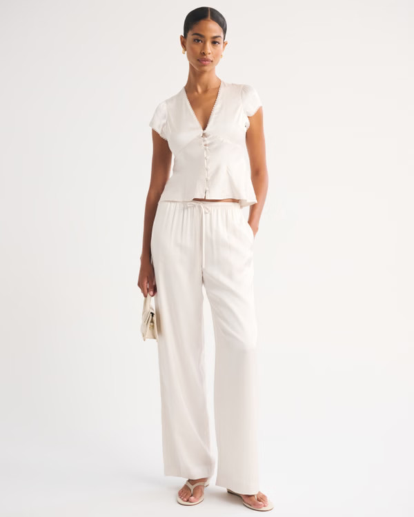 Lace-Trim Satin Button-Up Blouse | Abercrombie & Fitch (US)