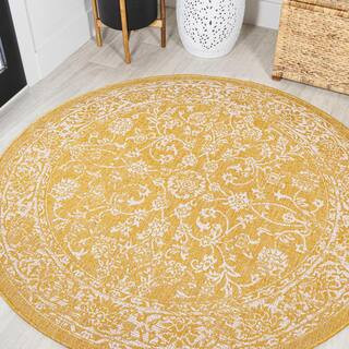 Tela Bohemian Textured Weave Yellow/Cream 5 ft. Round Floral Indoor/Outdoor Area Rug | The Home Depot