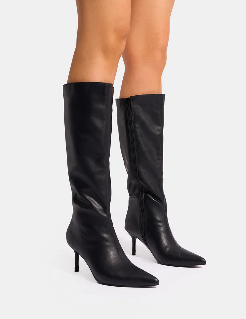 Amped Black Pointed Toe Mid Heel Knee High Boots | Public Desire