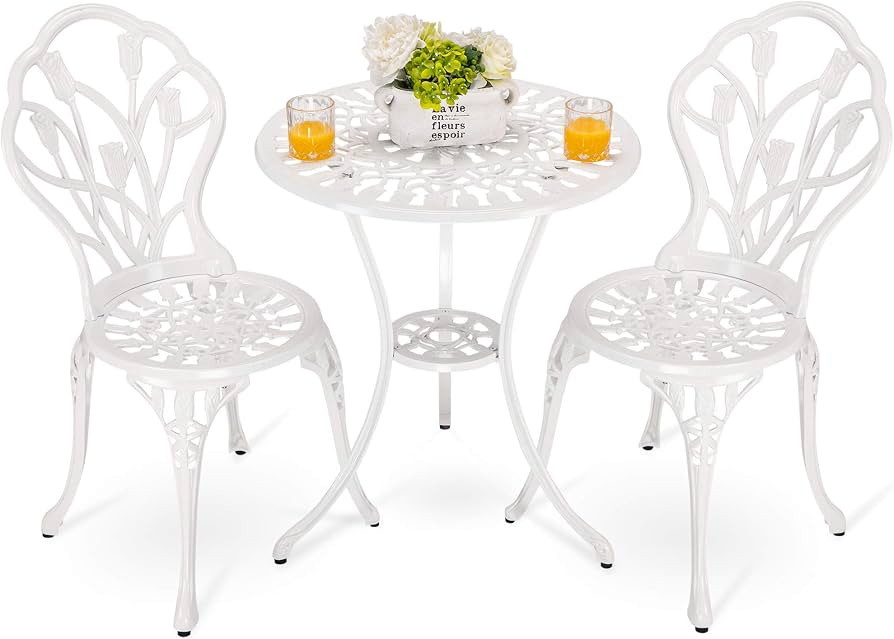 HOMEFUN Bistro Table and Chairs Set of 2 Outdoor 3 Piece Patio Set Tulip Pattern Cast Aluminum Bi... | Amazon (US)