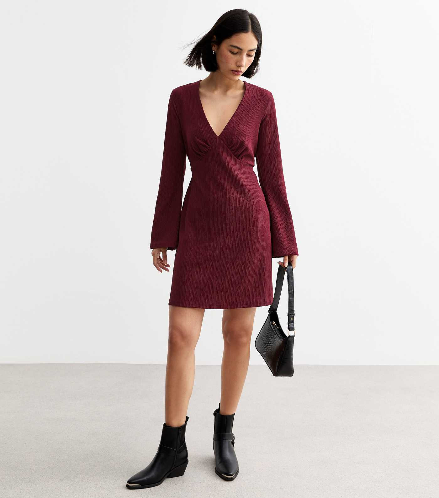 Burgundy Long Sleeve Crinkle Mini Dress
						
						Add to Saved Items
						Remove from Saved I... | New Look (UK)