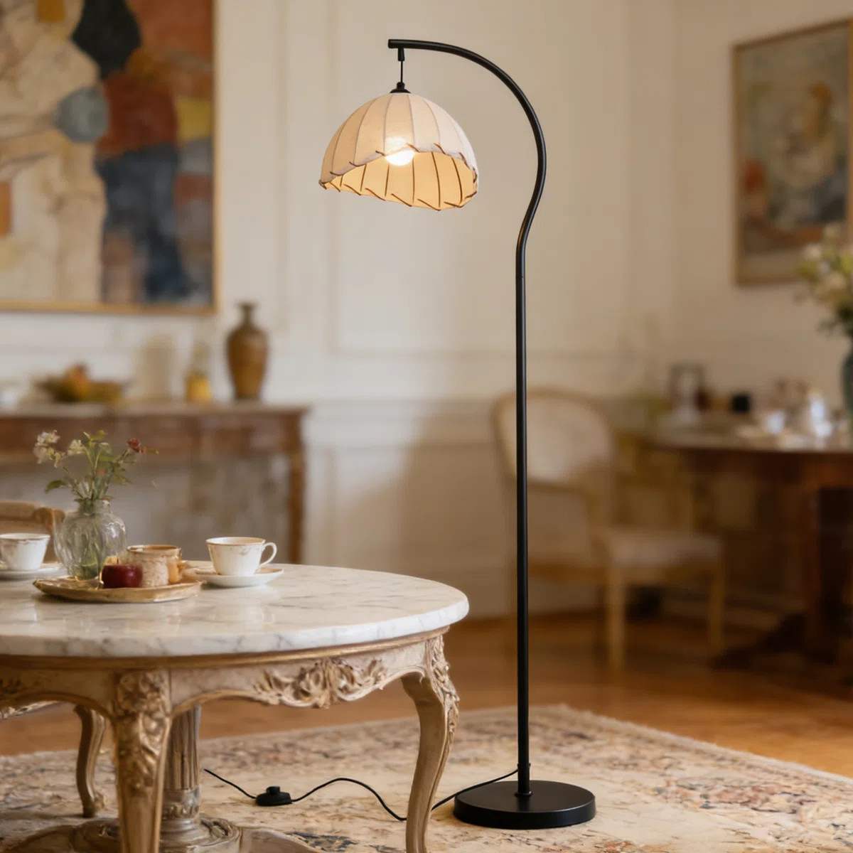 Modern Scandinavian Cozy Arched Floor Lamp With Linen Scalloped Shade | Wayfair North America