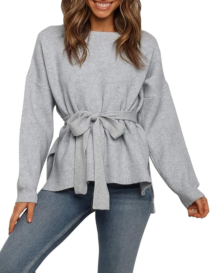 ZESICA Women's Casual Long Sleeve Crew Neck Solid Color Ribbed Knit Loose Pullover Sweater with B... | Amazon (US)