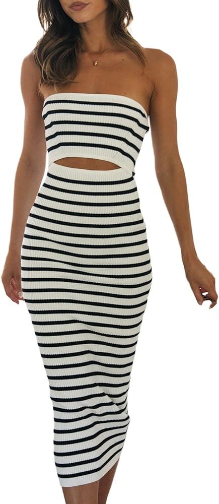 Women Knit Maxi Tube Dress Strapless Striped Knitted Midi Bodycon Dress Colorblock Printed Long B... | Amazon (US)