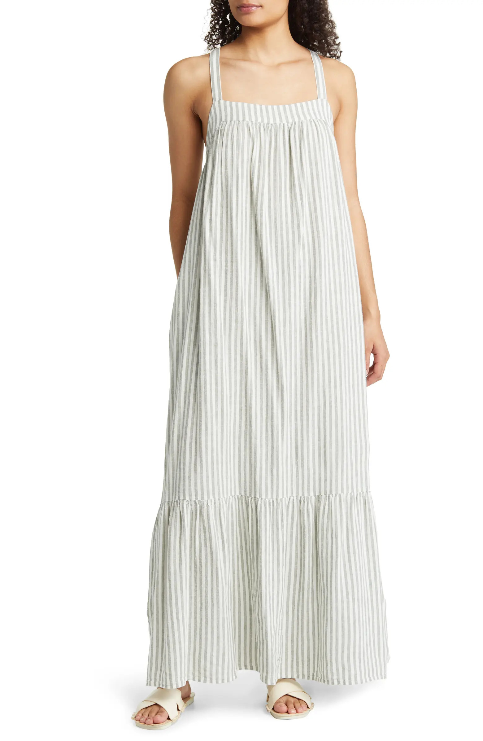 Stripe Cross Strap Sleeveless Linen Blend Maxi Sundress | Nordstrom