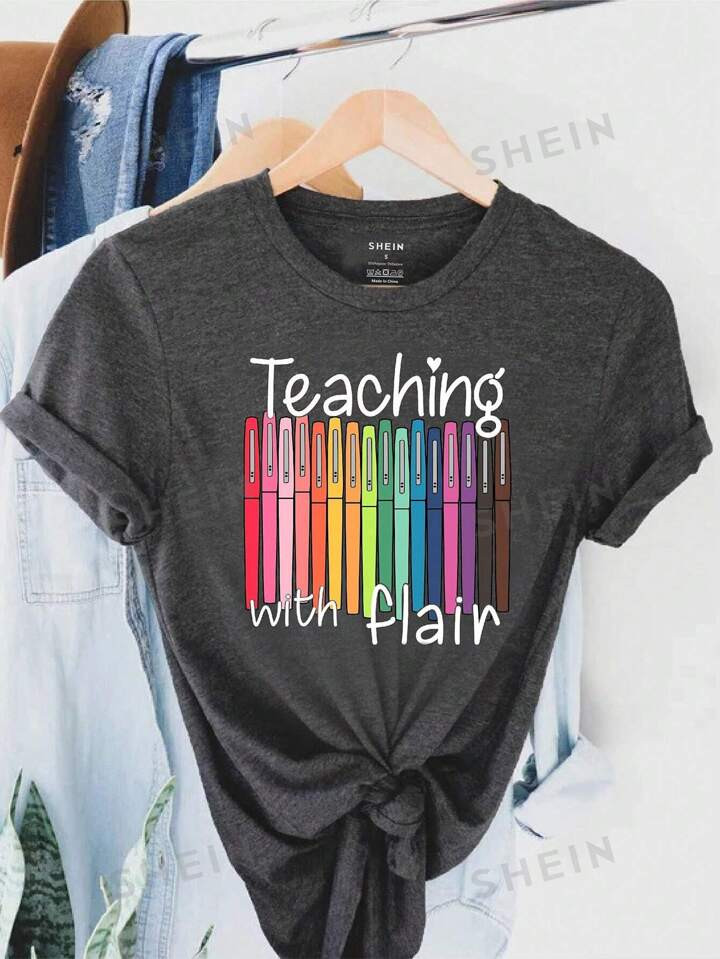 SHEIN EZwear Letter And Pen Printed Short Sleeve T-Shirt | SHEIN