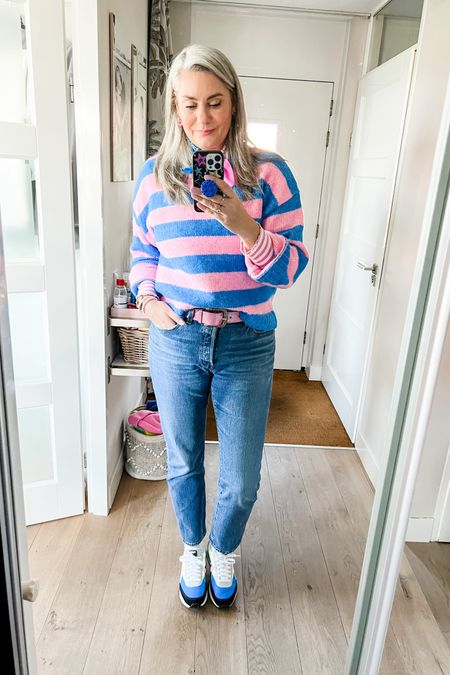 Ootd - Friday. Blue and pink striped sweater, Levi’s 501 jeans, Puma future ride on sneakers, white ruffle socks, two-toned bandana and pink leather belt (secondhand)

#LTKstyletip #LTKover40 #LTKmidsize