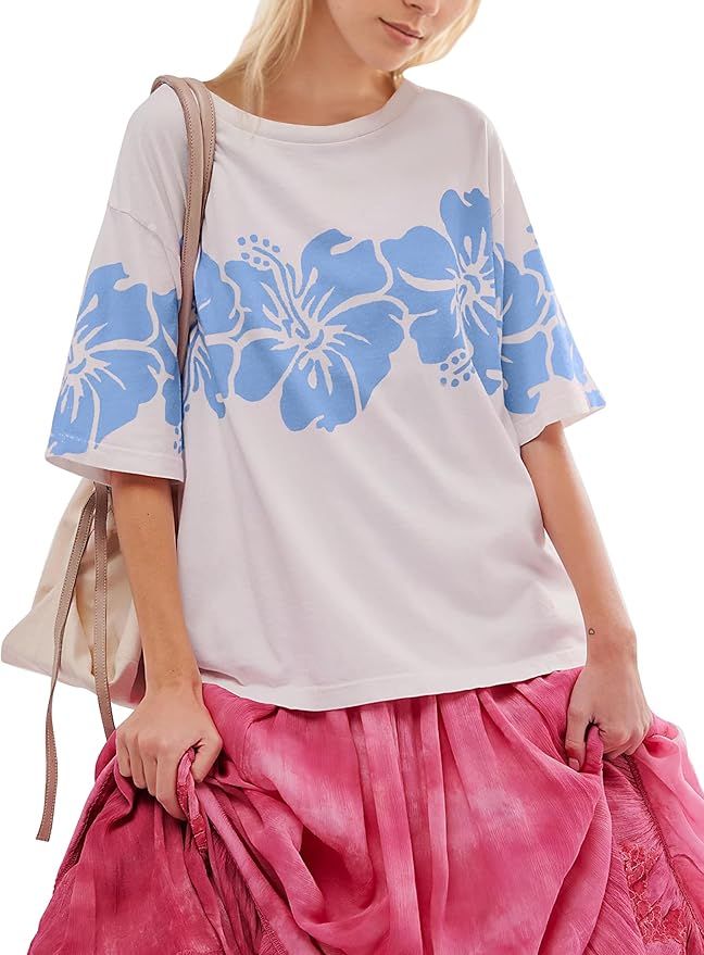 Hibiscus Tee Oversized Cotton Tshirts for Women Girls Crewneck Floral Graphic Tees Hawaiian Flowe... | Amazon (US)