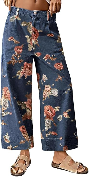 loveimgs Women Mid Rise Cropped Wide Leg Jeans Baggy Floral Ankle Pants Denim Capris Flare Print ... | Amazon (US)