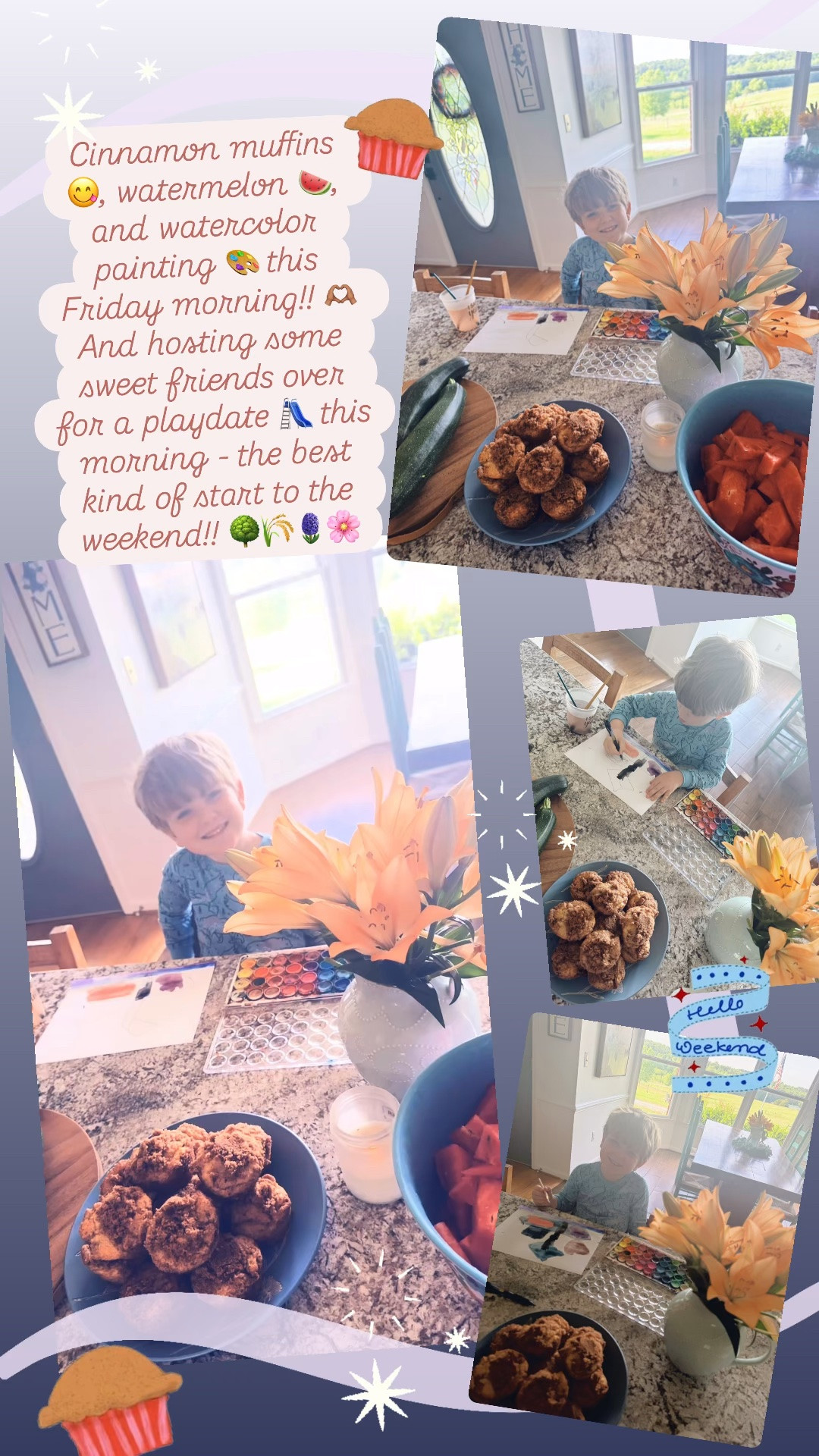 Cinnamon muffins 😋, watermelon 🍉, and watercolor painting 🎨 this Friday morning!! 🫶🏽  And hosting some sweet friends over for a playdate 🛝 this morning - the best kind of start to the weekend!! 🌳🌾🪻🌸