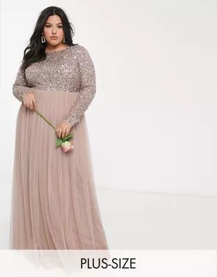 Maya Plus Bridesmaid long sleeve v back maxi tulle dress with tonal delicate sequin overlay in ta... | ASOS (Global)