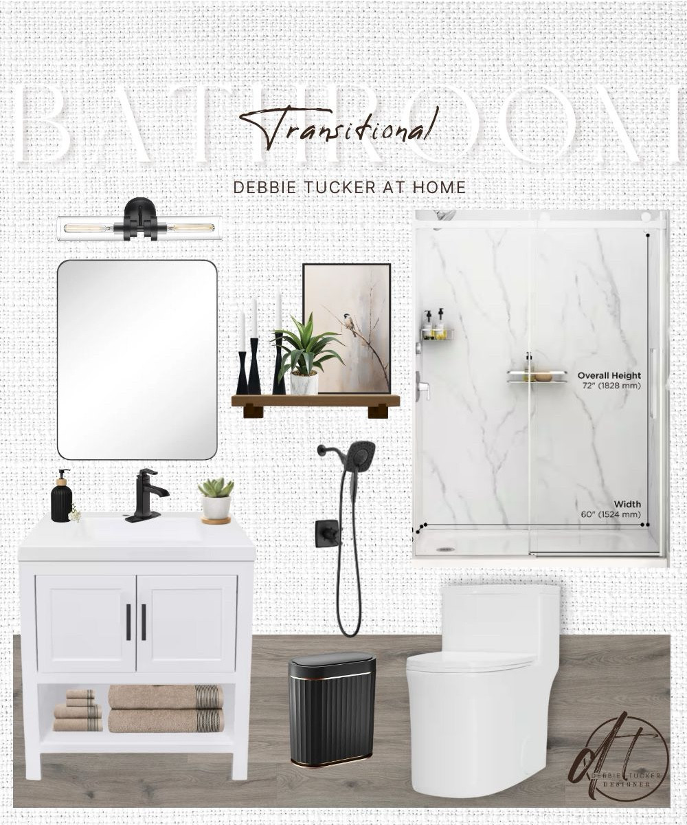 Beautiful transitional bathroom with a great modern vibe. Perfect design for a small bathroom featuring a shower marble wall panel system, simple modern vanity and toilet, and a beautiful LVT floor.

#LTKhome