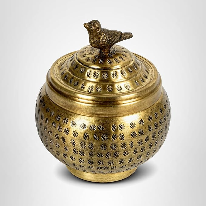 Round Hammered Metal Container with Bird Finial, Brass Finish | Amazon (US)