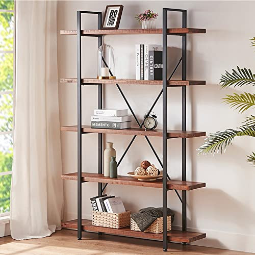 HSH Natural Real Wood Bookcase, 5 Tier Industrial Rustic Vintage Etagere Bookshelf, Open Metal Fa... | Amazon (US)