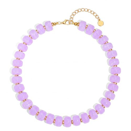 ACAUTO Resin Beads Choker Necklace for Women,Bohemian Handmade Chunky Purple Flat Beaded Statement Necklaces Trendy Beach Jewelry Gift for Women | Amazon (US)