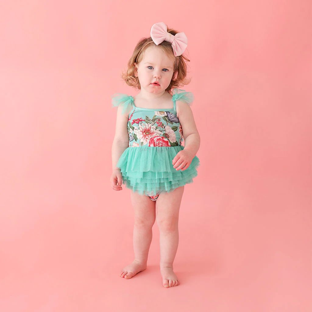 Floral Green Spaghetti Strap Baby Tulle Bodysuit | Nikki Danielle | Posh Peanut