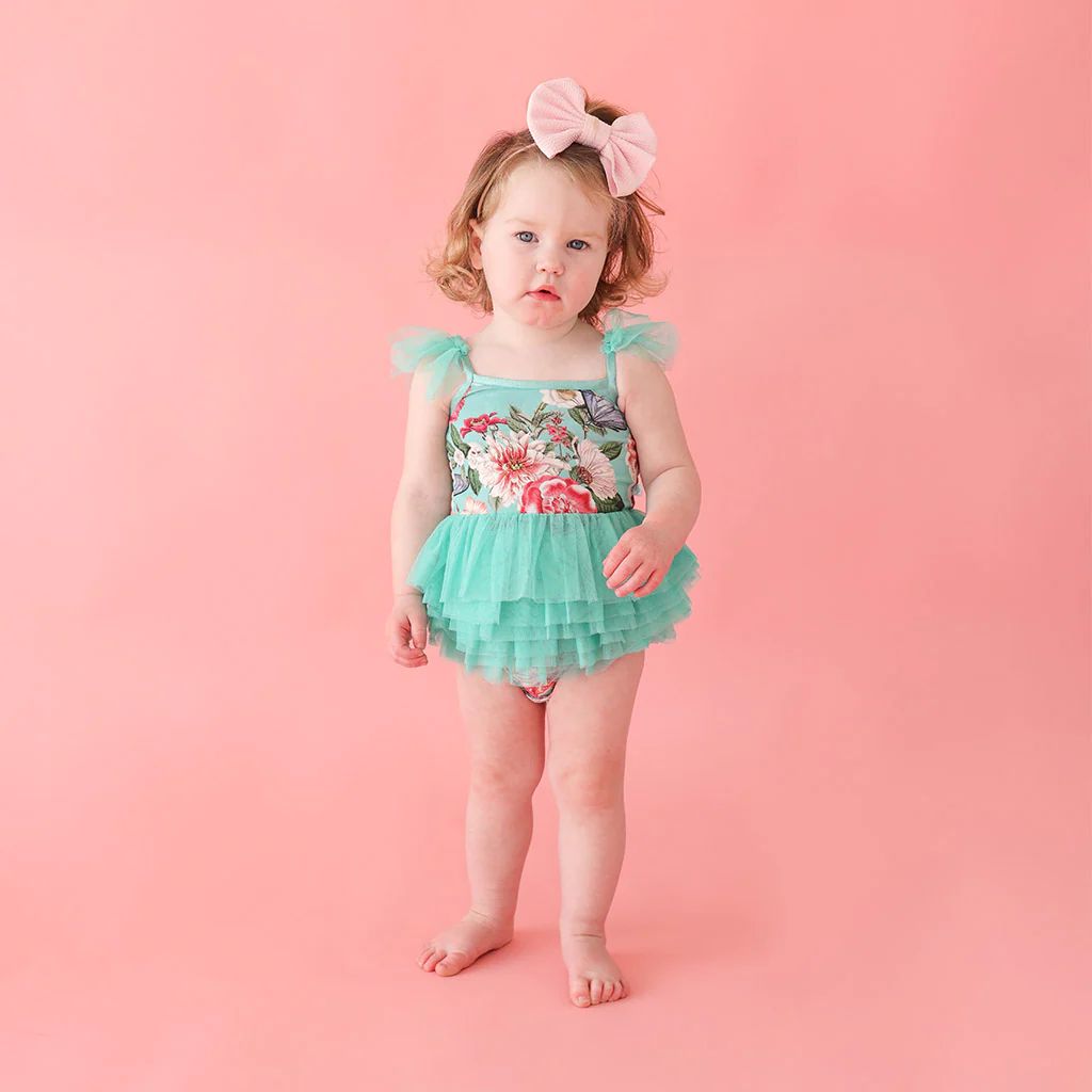 Floral Green Spaghetti Strap Baby Tulle Bodysuit | Nikki Danielle | Posh Peanut