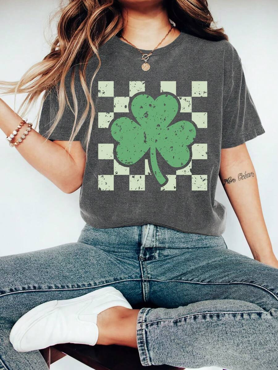 Lucky Clover Cartoon Letter Graphic Print T Shirt, Short Sleeve Crew Neck Casual Top For Summer &... | SHEIN