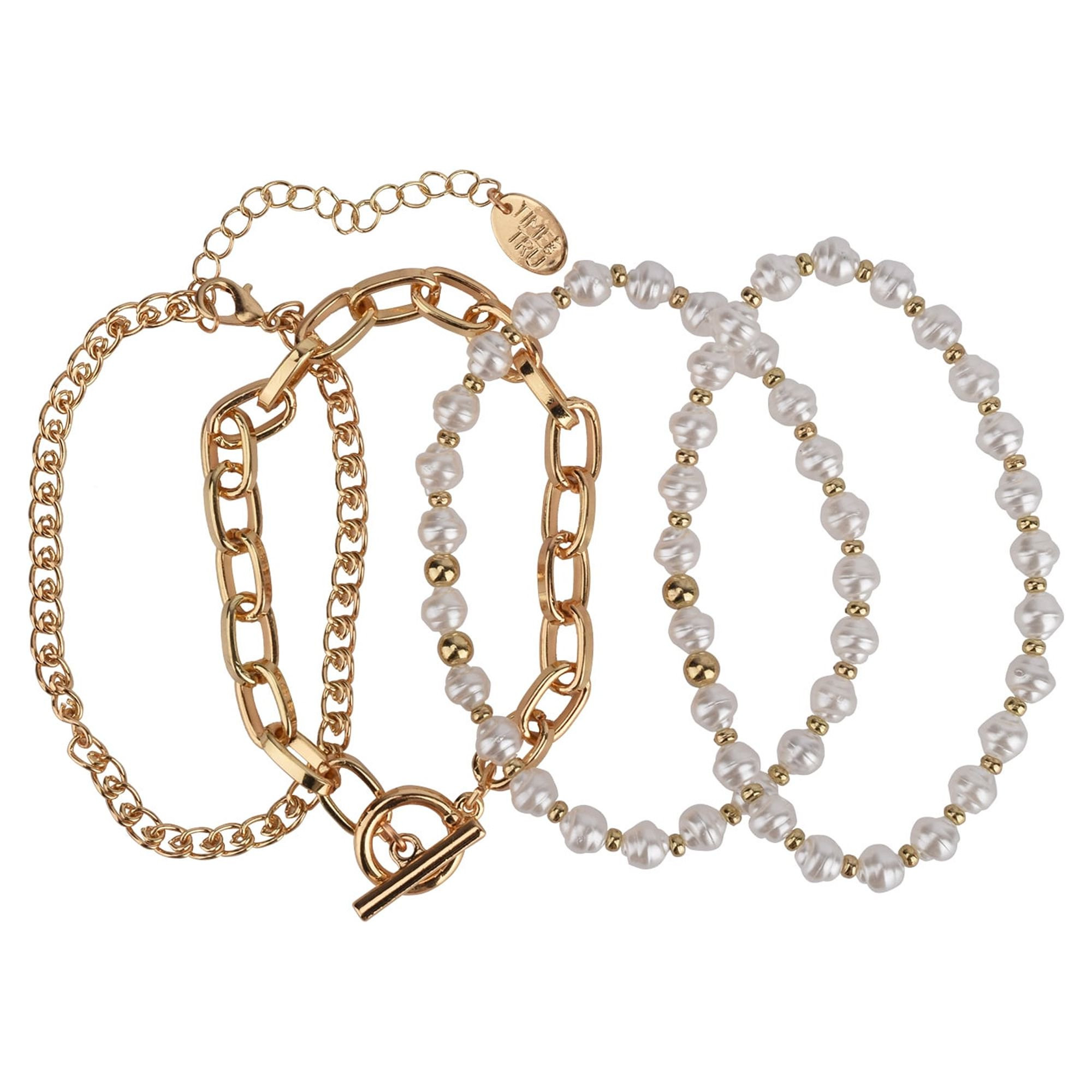 Time and Tru Women's Gold Tone and Faux Pearl Bracelet Set, 4-Piece | Walmart (US)