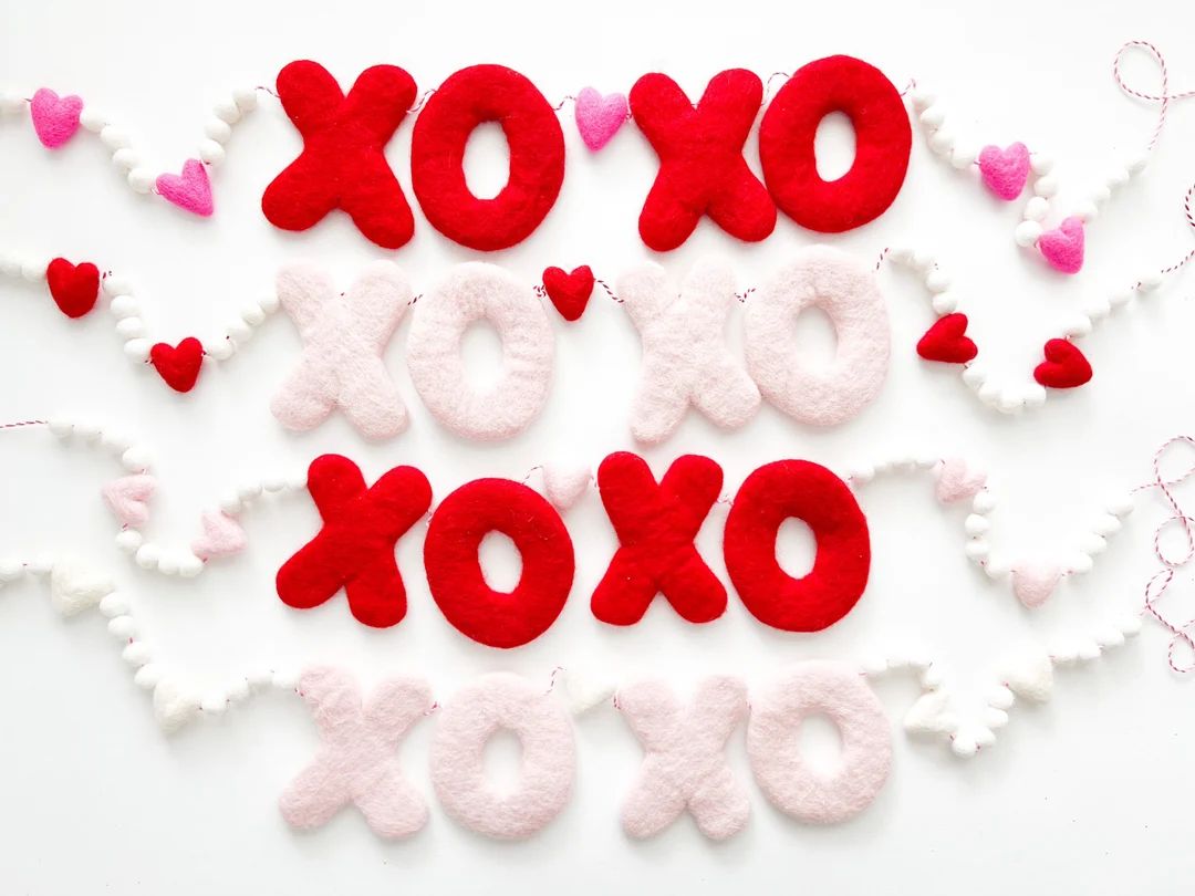 XOXO Felt Letter Garland with Mini Felt Balls & Hearts - Valentine's, Love - Bunting, Banner - **... | Etsy (US)