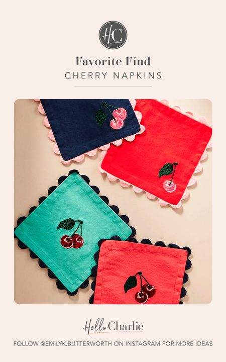 Cherries are everywhere and I’m into it. Especially these embroidered napkins - how perfect to add to any party?! The scalloped edges are so sweet and the color palette is FUN. 🍒 now trending • trend alert • cocktail napkins 

#LTKhome #LTKfindsunder50 #LTKGiftGuide