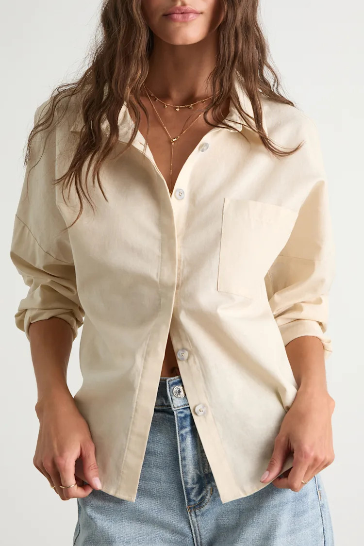 Amelia Dawn Beige Long Sleeve Button-Up Top | Lulus