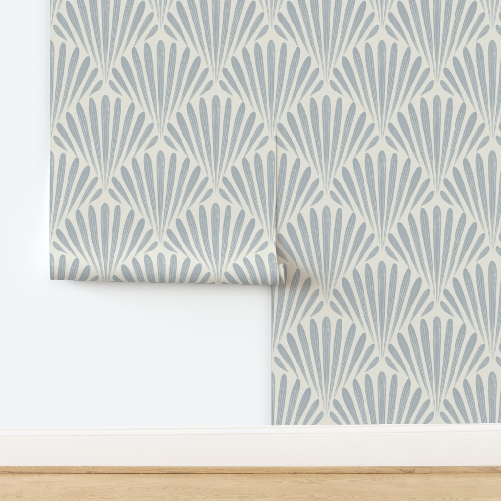Wallpaper in scallop fans - creamy white french grey blue - art deco geometric seashells | Spoonflower