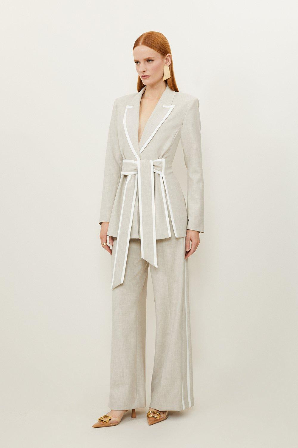 Melange Tailored Belted Tipped Detail Blazer | Karen Millen UK + IE + DE + NL