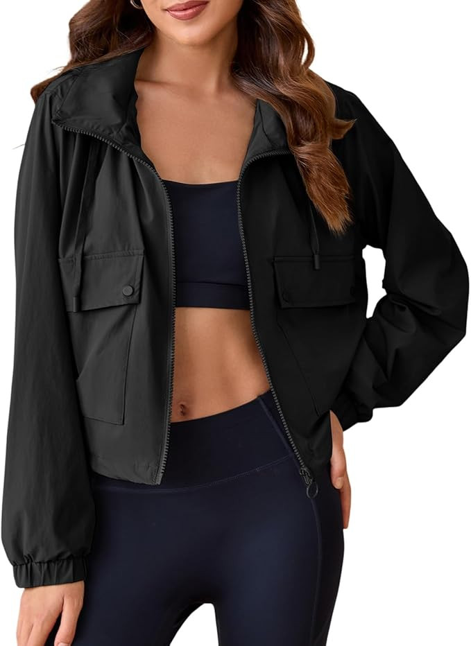 Tankaneo Womens Lightweight Cropped Jackets Hooded Long Sleeve Zipper Anorak Coat with Pockets | Amazon (US)