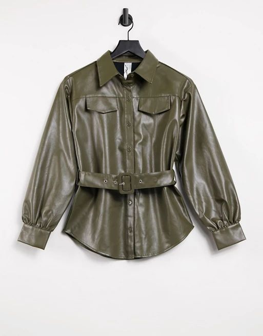 Violet Romance belted leather-look shirt in khaki | ASOS (Global)
