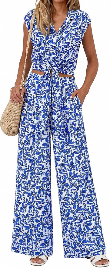 PRETTYGARDEN 2 Piece Sets For Women Summer Striped Button Down Tie Front Crop Tops Wide Leg Pants... | Amazon (US)