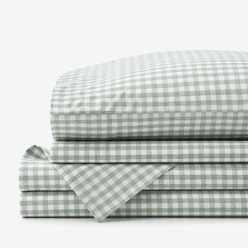 Gingham Classic Cool Melange Cotton Percale Bed Sheet Set - Sage, Twin | The Company Store