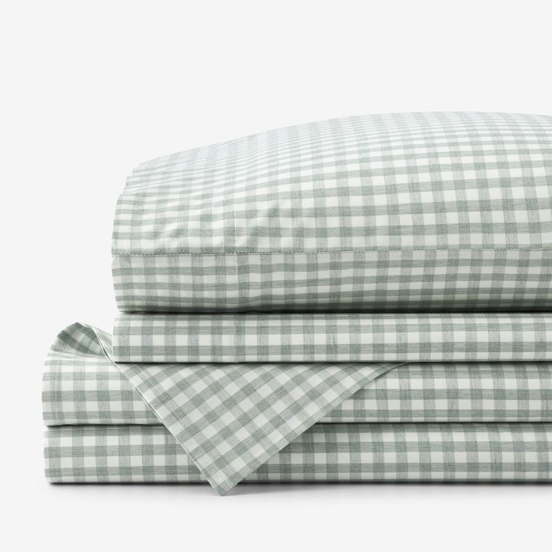 Gingham Classic Cool Melange Cotton Percale Bed Sheet Set - Sage, Twin | The Company Store