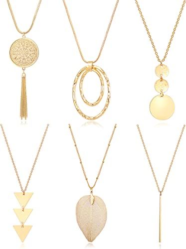Fesciory 6 PCS Long Pendant Necklace for Women, Gold Bar Circle Leaf Triangle Tassel Y Necklace S... | Amazon (US)