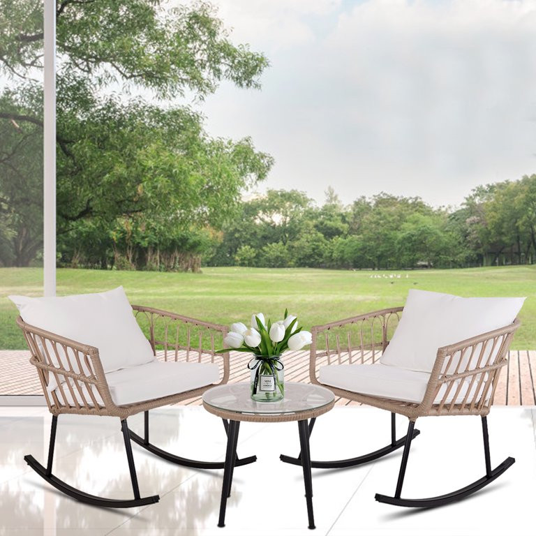 Patio Outdoor Boho Balcony Furniture Rocking Chairs Set,Wicker Rattan Small Patio Conversation Ro... | Walmart (US)