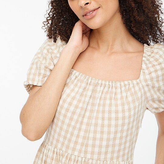 Gingham puff-sleeve tiered midi dress | J.Crew Factory