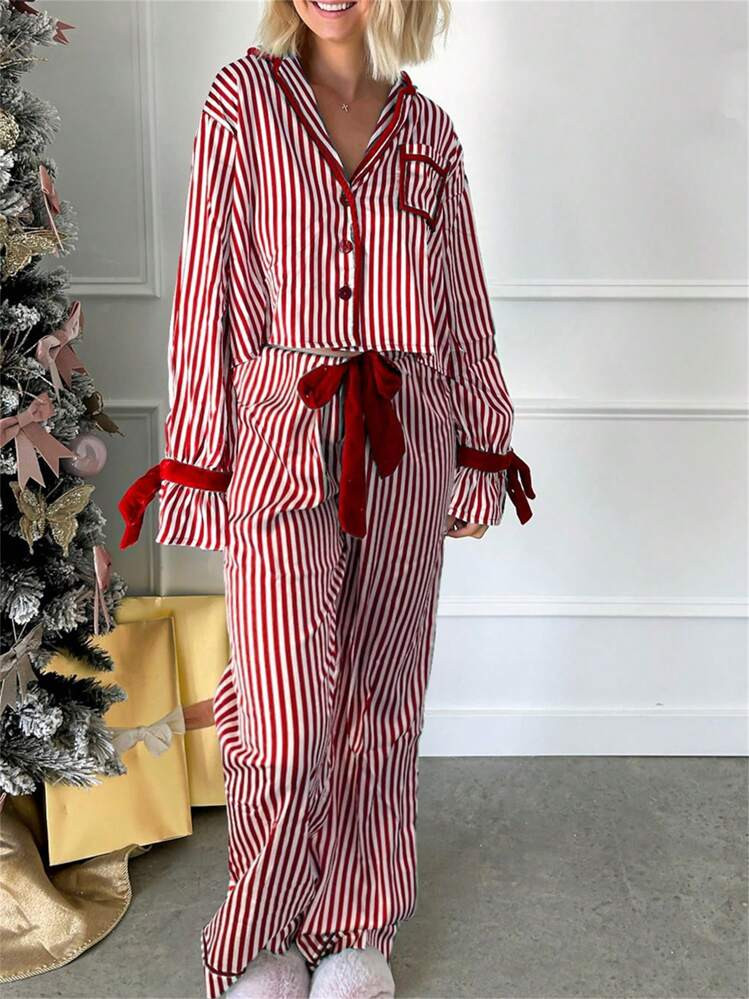 Womens Striped Christmas Pajama Set Satin Tie Up Knot Puff Long Sleeve Button-Up V-Neck Cropped S... | SHEIN
