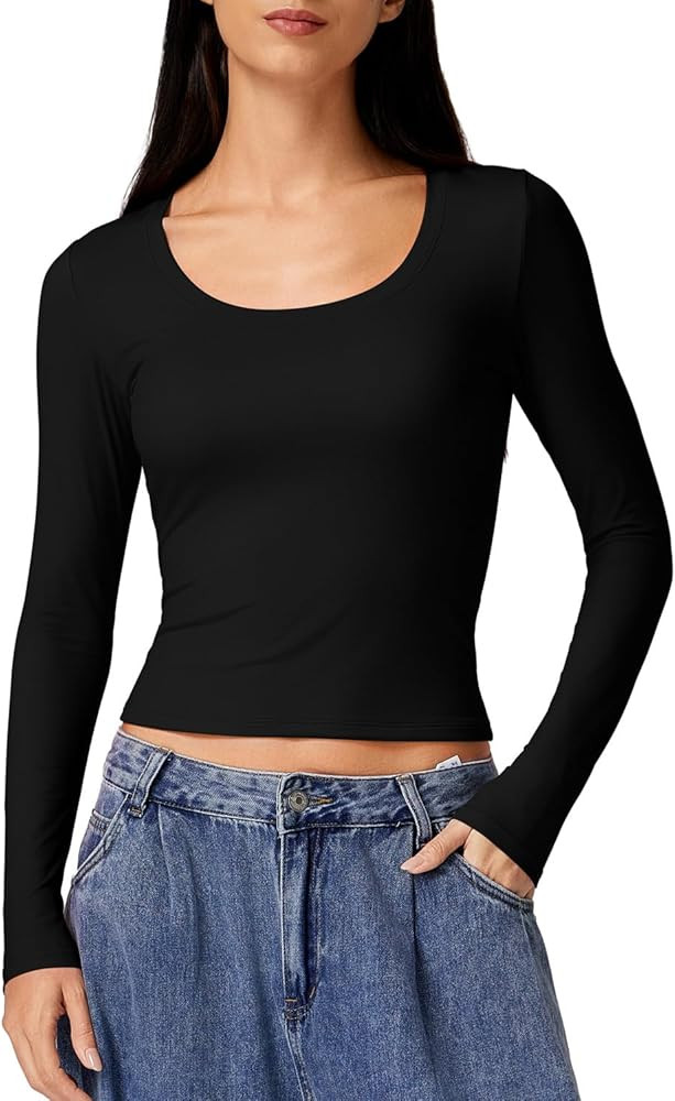QINSEN Women's Crew Neck Long Sleeve Crop Top Double Lined Slim Fit Y2k T Shirts | Amazon (US)