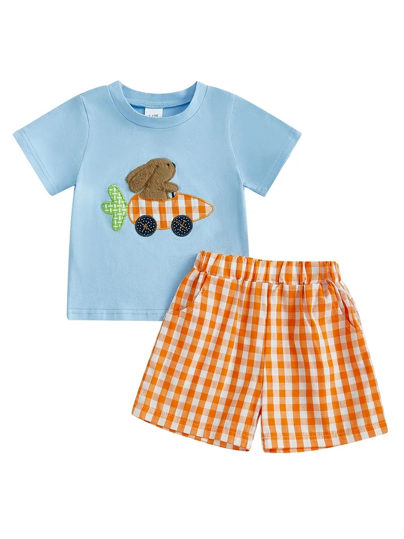 Qmyliery Baby Toddler Boy Easter Outfit Bunny Embroidery Short Sleeve T-shirt Plaid Elastic Waist... | Walmart (US)
