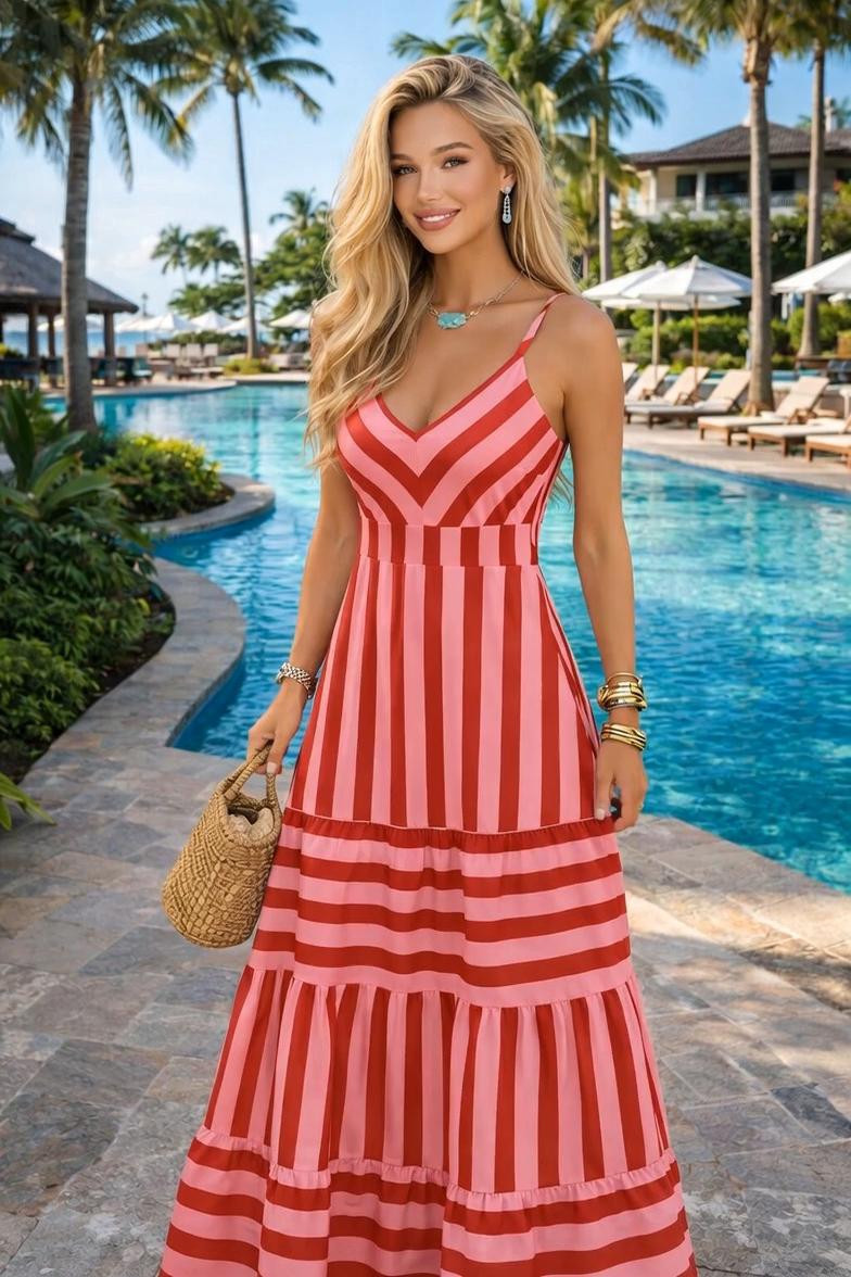 CHIC RESORT MAXI DRESS OUTFIT 🌴💗 This pink and red striped maxi dress is the ultimate resort-ready look—effortless, flattering, and perfect for vacations, brunch, or a summer getaway. The flowy silhouette and bold stripes make it a standout piece, while the woven bag adds the perfect beachy touch. Whether you're strolling by the pool or heading to a tropical dinner, this outfit gives elevated vacation vibes. #amazonfashion #resortwear #summerdress #vacationoutfit #beachstyle #maxidress #resortstyle #summeroutfits #tropicalvibes #effortlessstyle #pinkdress #amazonfinds #vacationlook #springstyle #affordablefashion #ootd #beachvacation #styleinspo #fashioninspo #womensfashion 

 