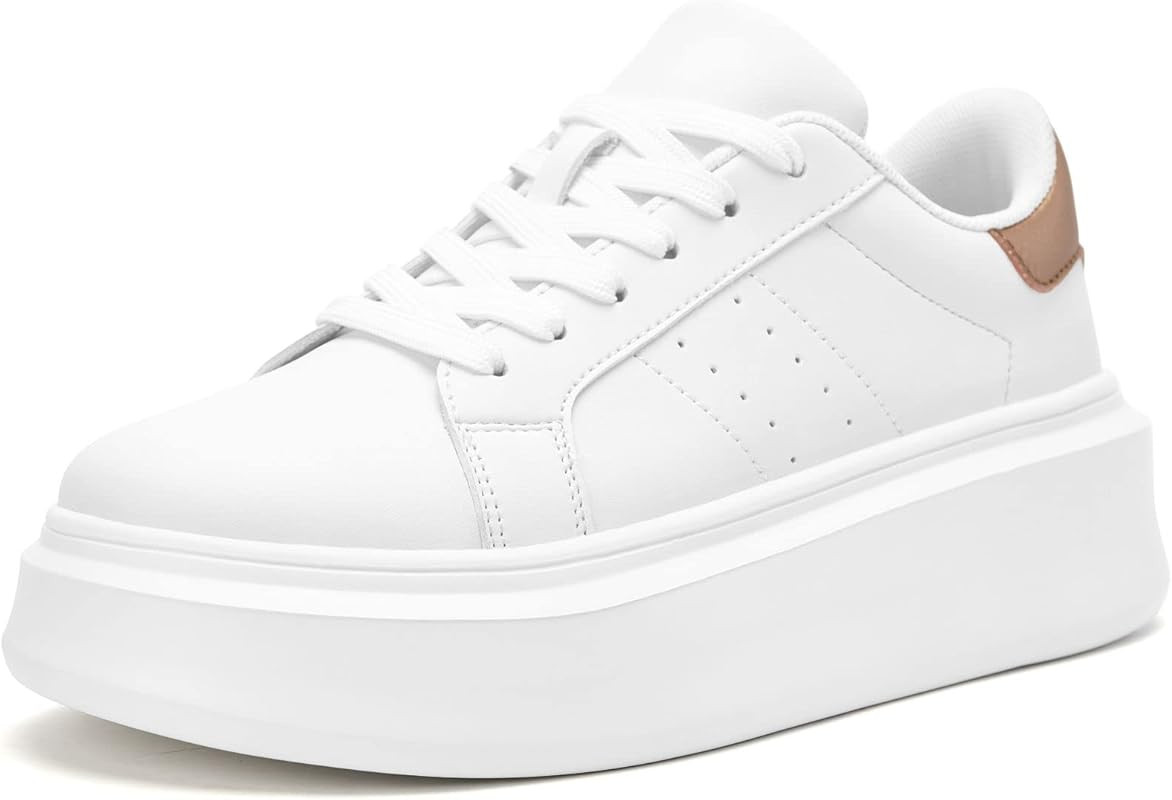 Akk White Platform Sneakers for Women - Ultra Lightweight Leather Walking Tennis Shoes Classic Co... | Amazon (US)