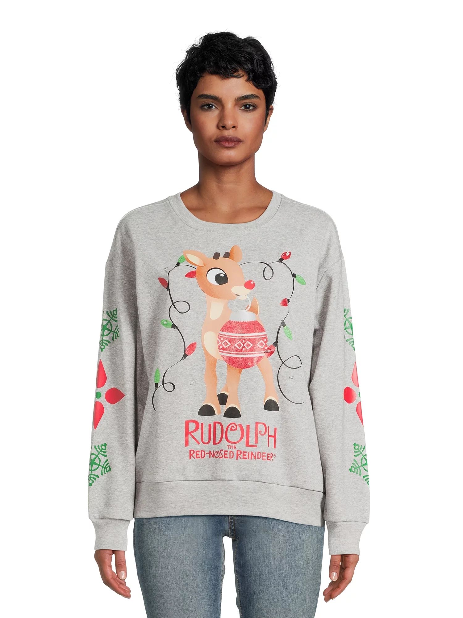 Rudolph the Red Nosed Reindeer Juniors' Light-Up Christmas Sweatshirt, Sizes XS-XXXL - Walmart.co... | Walmart (US)
