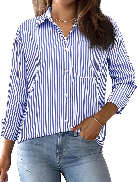 AISEW Womens Button Down Shirts Striped Classic Long Sleeve Collared Office Work Blouses Tops wit... | Amazon (US)