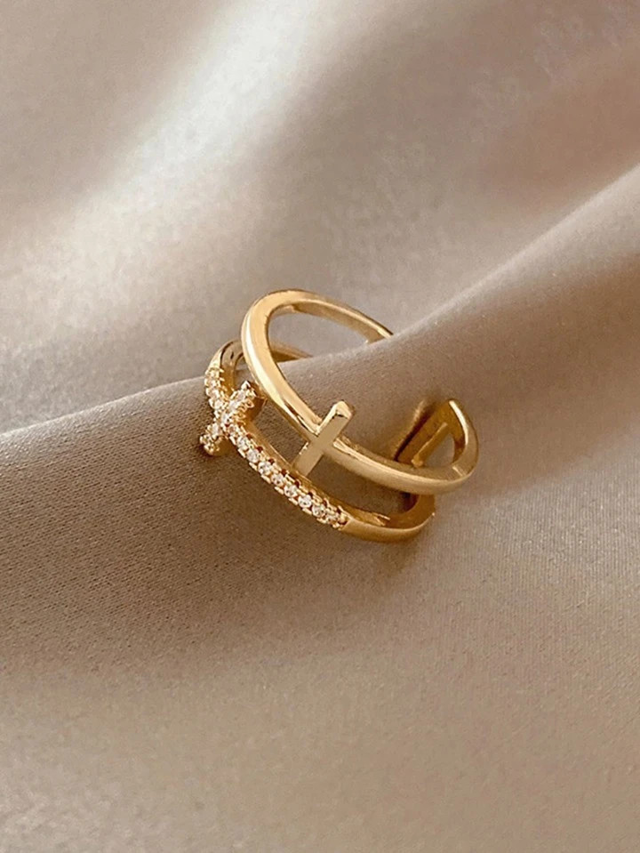 1pc Fashion Stainless Steel Cubic Zirconia Decor Hollow Out Cross Layered Cuff Ring For Women For... | SHEIN