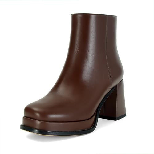 MAIJED Women's Brown Leather Platform GoGo Ankle Boots Square Toe High Chunky Block Heels with Back Zipper Comfort Party Dress Booties Shoes Brown Size US11 | Amazon (US)