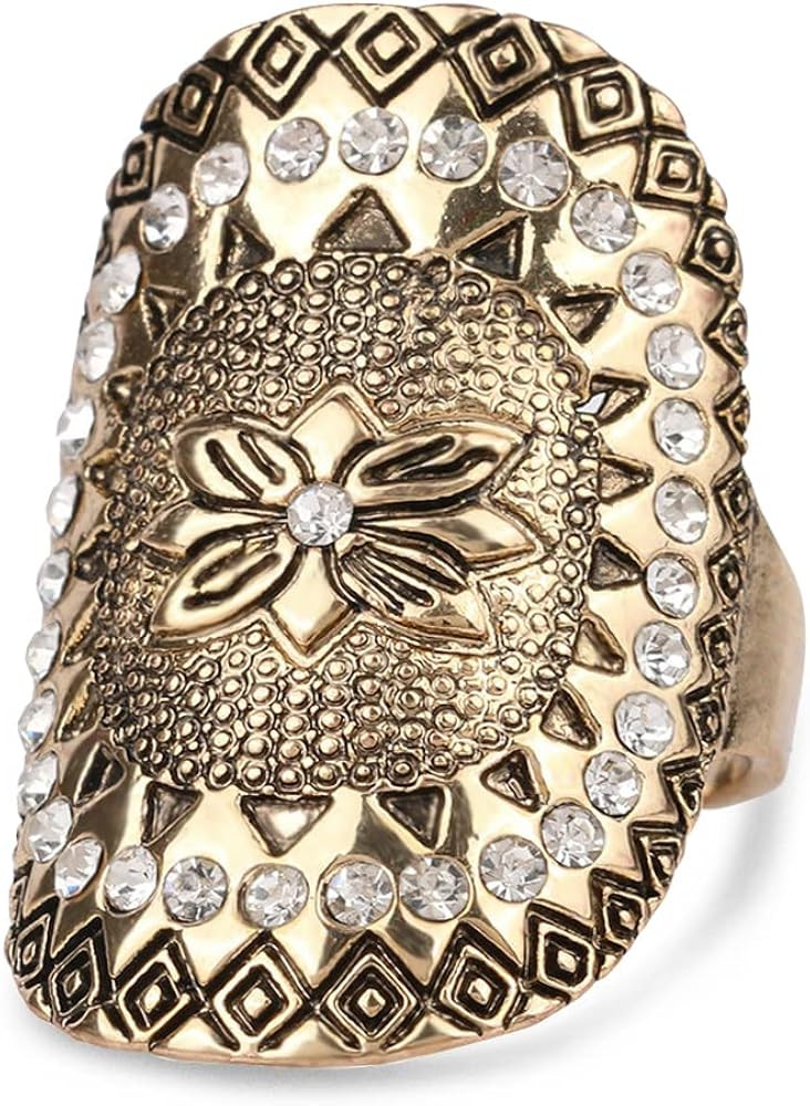 Flower Pattern Boho Wide Band Ring,Retro 14K Gold Cocktail Party Statement Full Finger Punk Chunk... | Amazon (US)